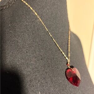 Gold Chain Necklace with Red Heart Crystal Pendant